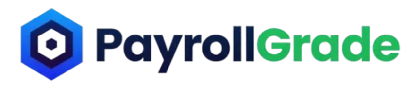 PayrollGrade logo with a blue hexagon icon and blue green wordmark