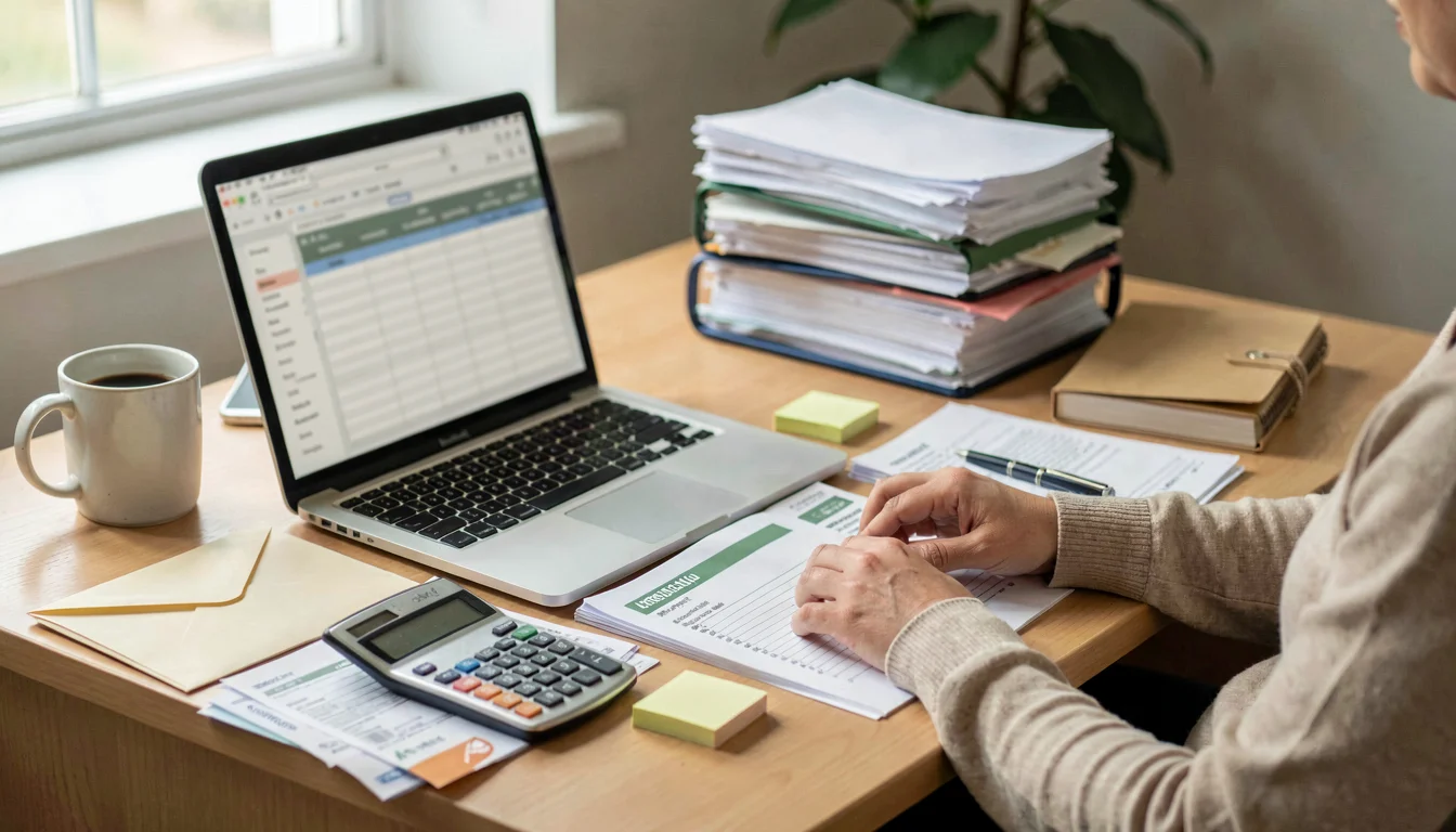 Freelancer organizing income records, receipts, and tax documents at a home office desk