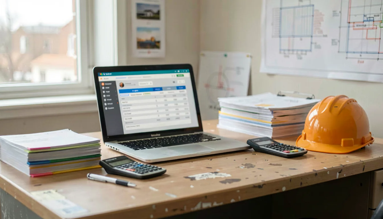 Contractor payroll desk with reports, job folders, drawings, and laptop dashboard