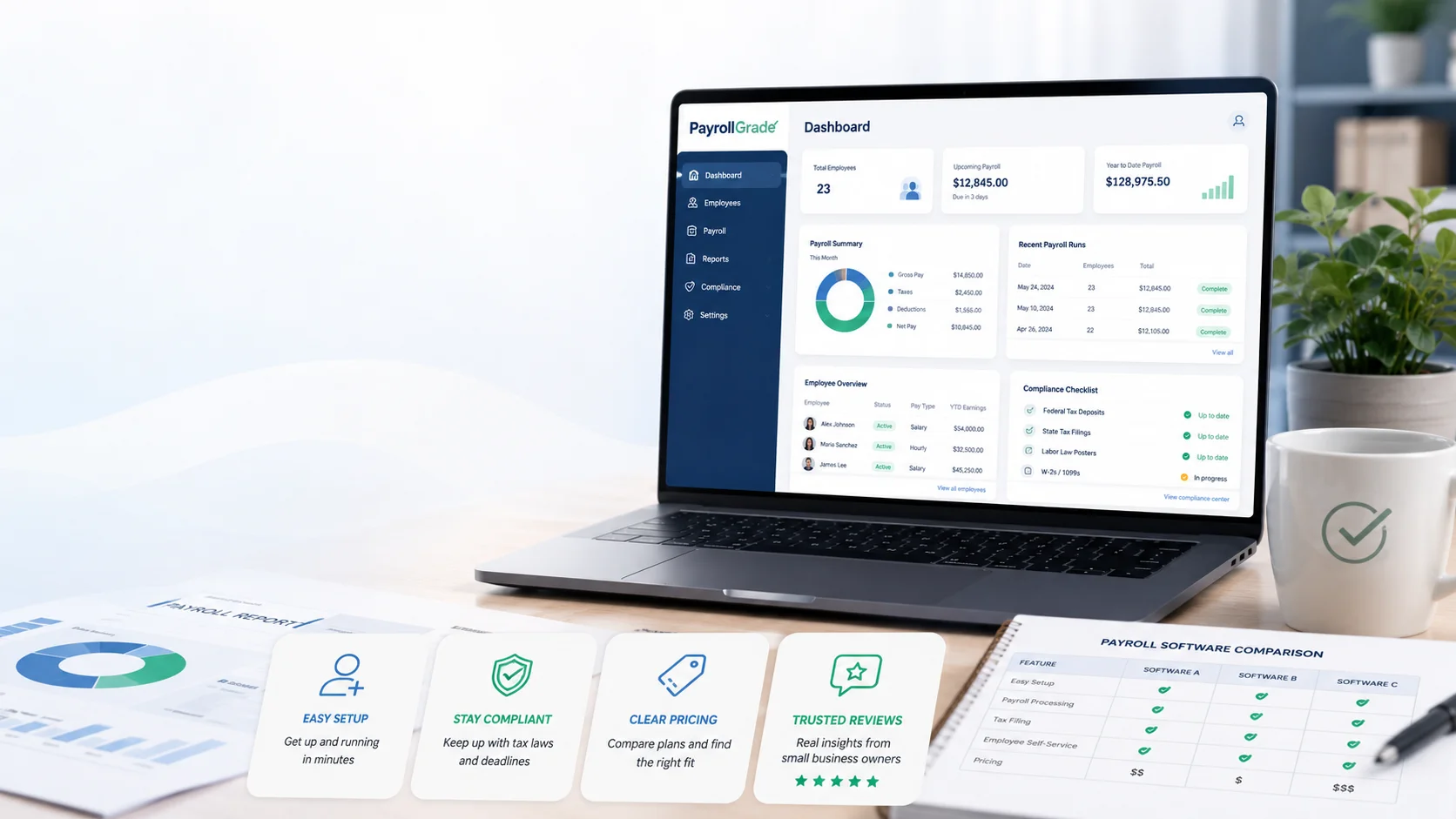 Modern payroll software dashboard on a desk for small business payroll management