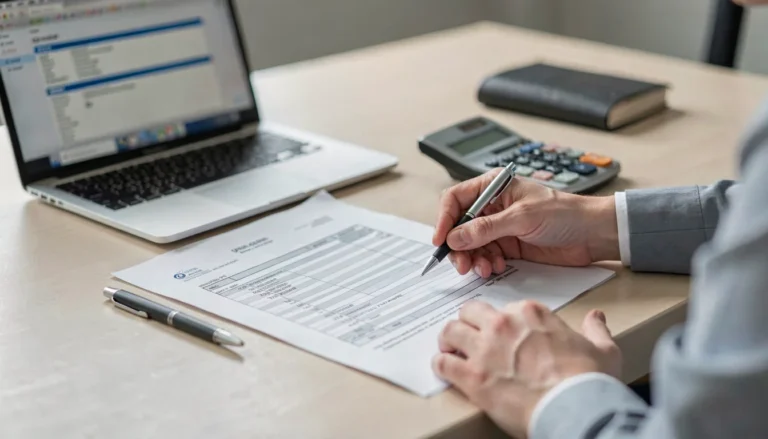 Small business owner organizing contractor invoices and generic tax paperwork
