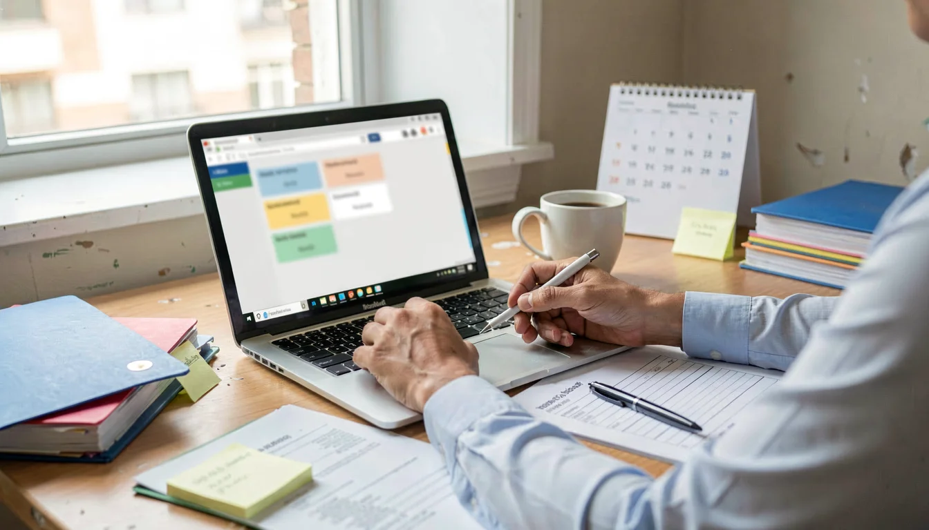Small business manager reviewing payroll compliance tasks on a generic laptop