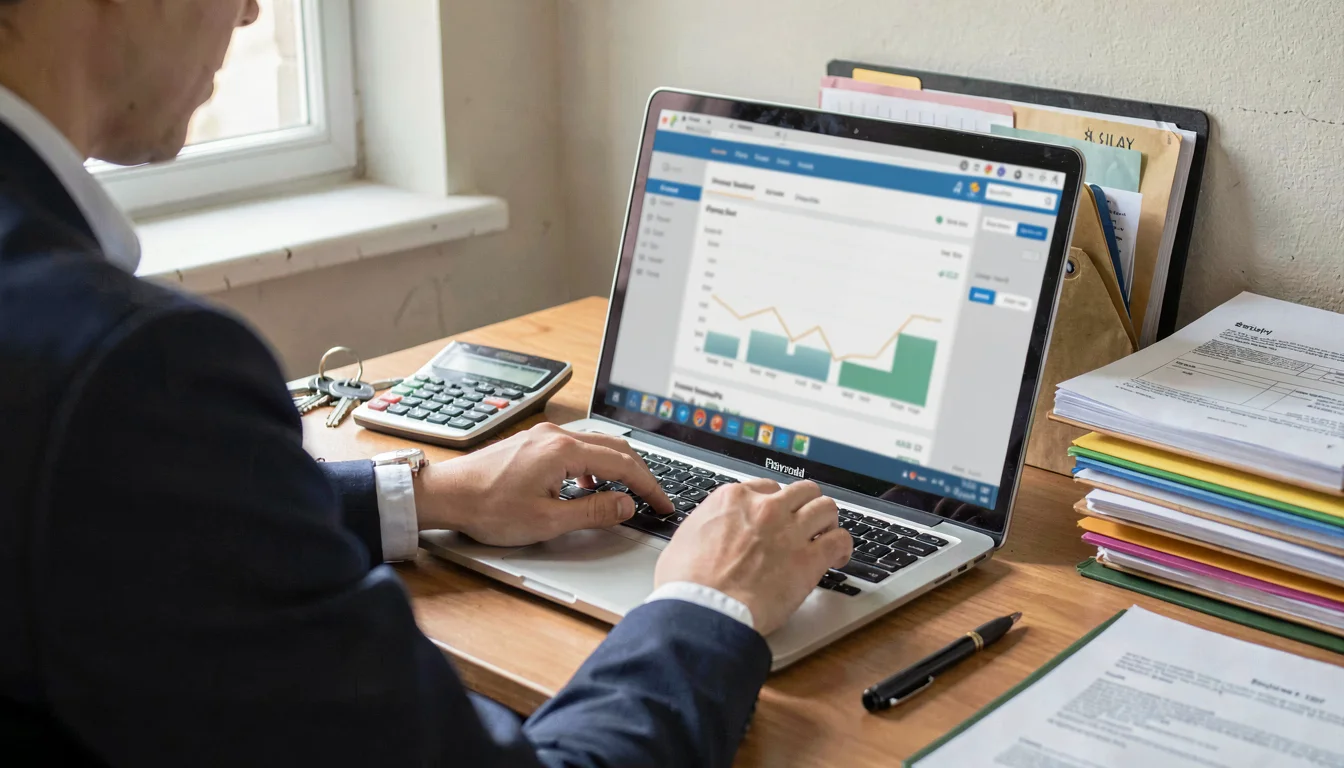 Small business owner reviewing a generic payroll tax software dashboard