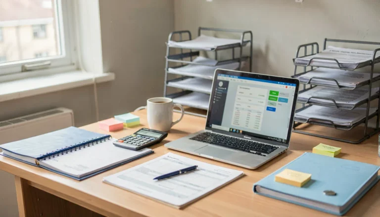 Small business owner reviewing payroll records and time sheets at a desk